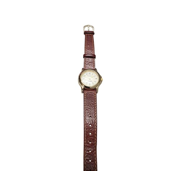 Carriage Timex Indiglo Watch Gold Tone 30M Brown Leather Band - Picture 2 of 10